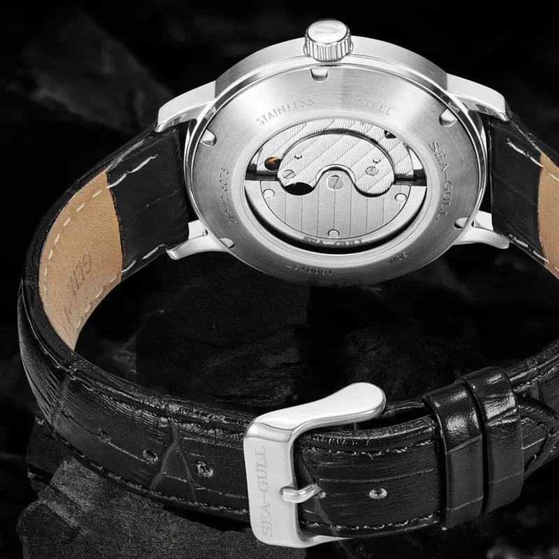 Classic Automatic Self-Wind Mechanical Watch with Sapphire Crystal and Leather Strap - Image 4
