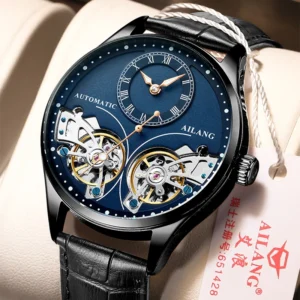 AILANG Skeleton Automatic Self-Winding Mechanical Watch with Exhibition Dial and Stainless Steel Bracelet