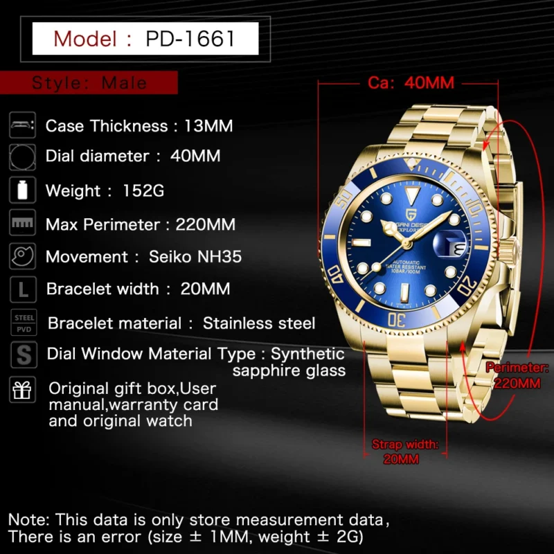 Luxury Automatic Dive Watch with Sapphire Crystal and Stainless Steel Bracelet - Image 3