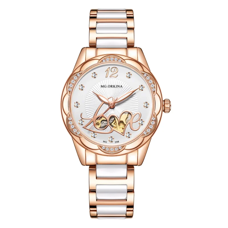 Women's Open Heart Automatic Watch with Ceramic Bracelet and Stainless Steel Case - Image 11