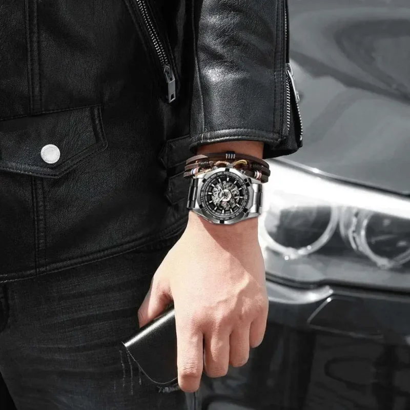 Luxury Skeleton Automatic Watch with Transparent Dial and Stainless Steel Bracelet - Image 3