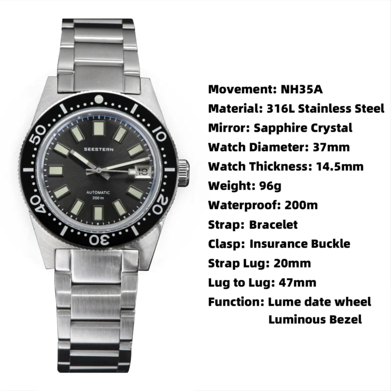 Professional Automatic Dive Watch with NH35 Movement, Sapphire Crystal and Stainless Steel Bracelet - Image 6