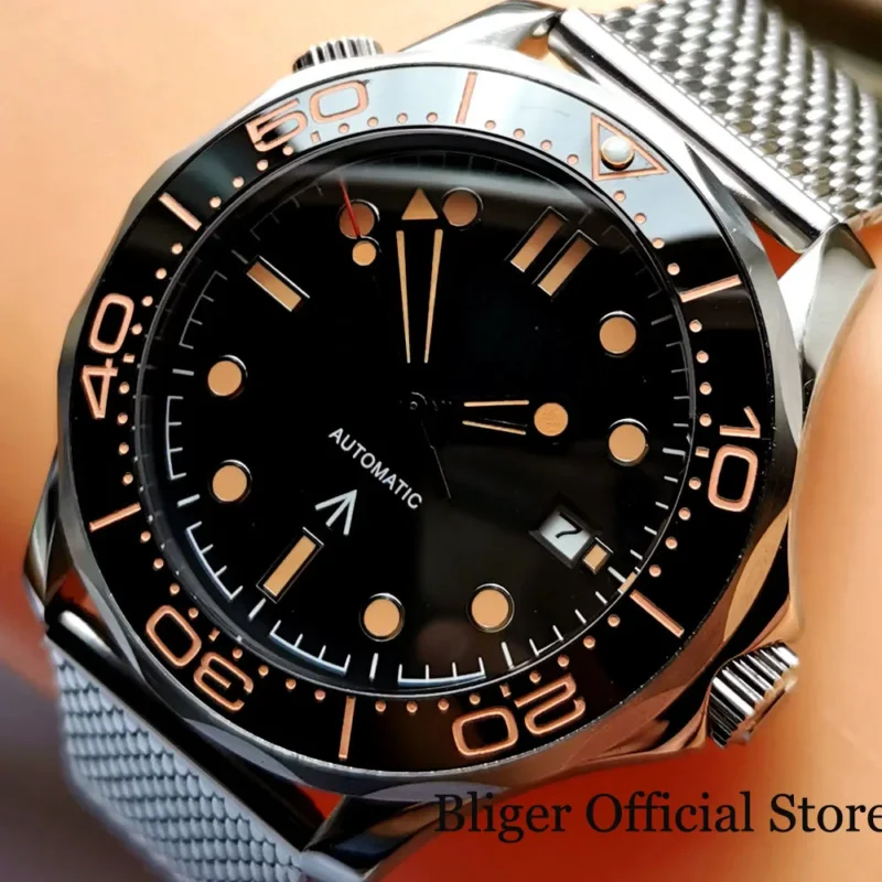 Professional Automatic Dive Watch with Sapphire Crystal and Mesh Bracelet - Image 2