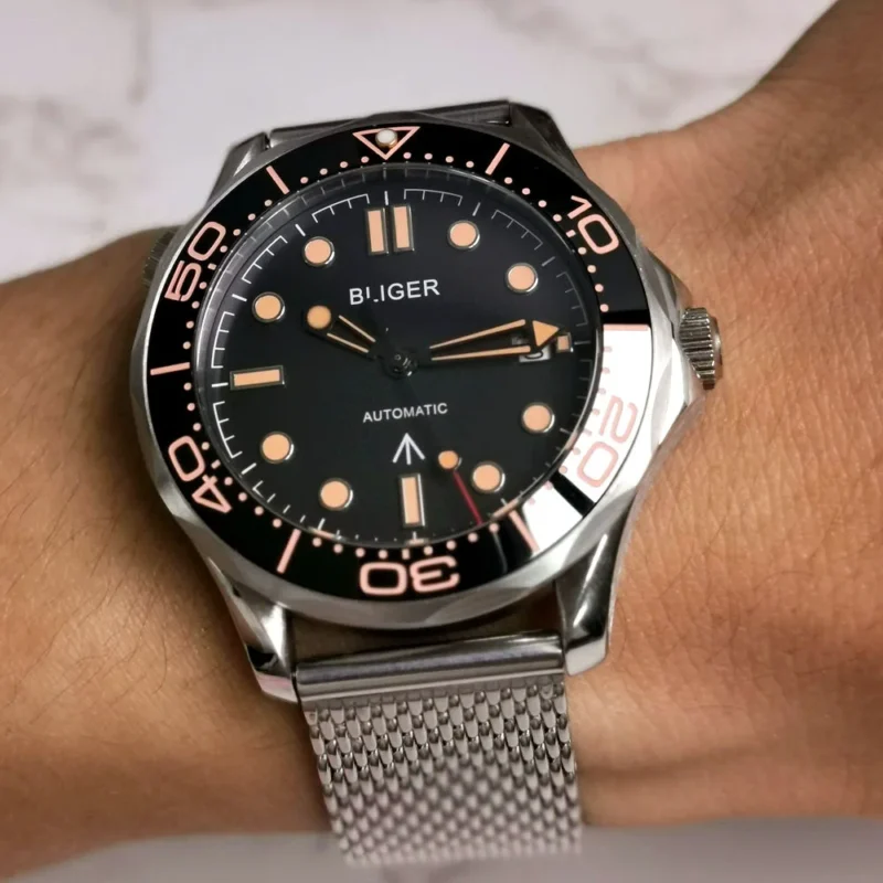 Professional Automatic Dive Watch with Sapphire Crystal and Mesh Bracelet - Image 5