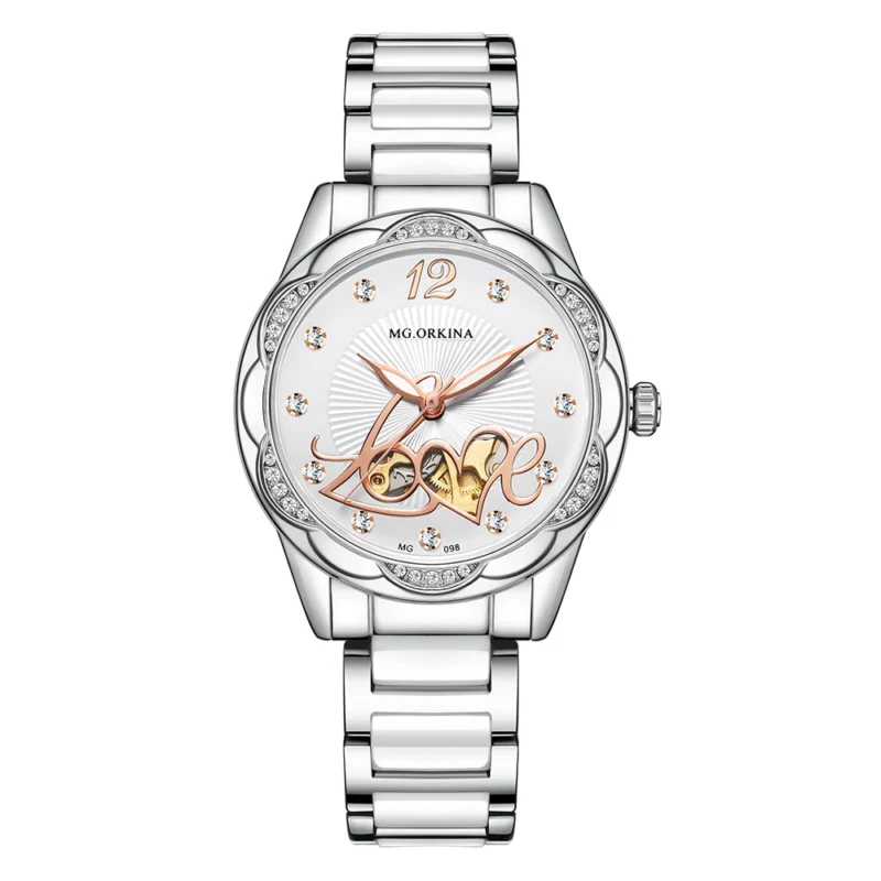 Women's Open Heart Automatic Watch with Ceramic Bracelet and Stainless Steel Case - Image 15