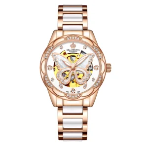 Women's Open Heart Automatic Watch with Ceramic Bracelet and Stainless Steel Case