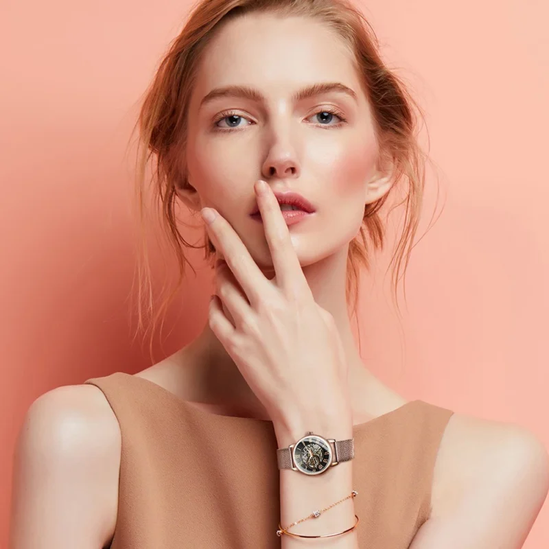 Ladies Skeleton Mechanical Watch with Rose Gold Case and Mesh Steel Bracelet - Image 5