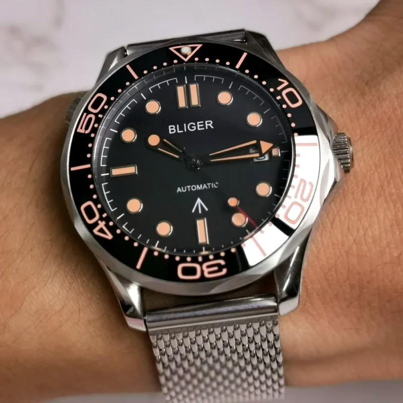 Professional Automatic Dive Watch with Sapphire Crystal and Mesh Bracelet - Image 7
