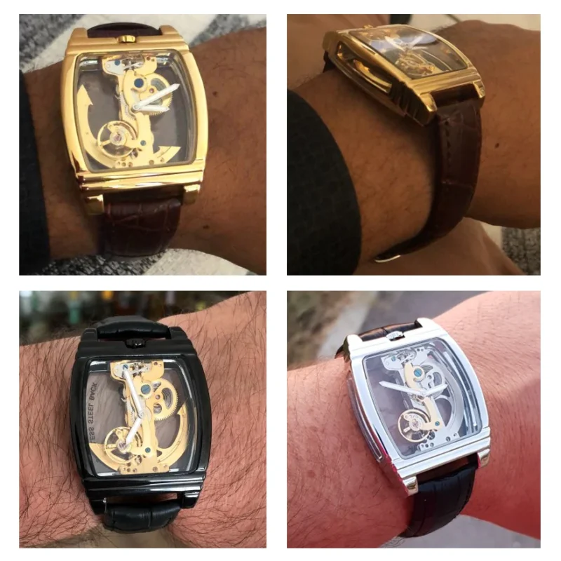 Luxury Skeleton Automatic Mechanical Watch with Leather Strap and Rectangular Case - Image 2
