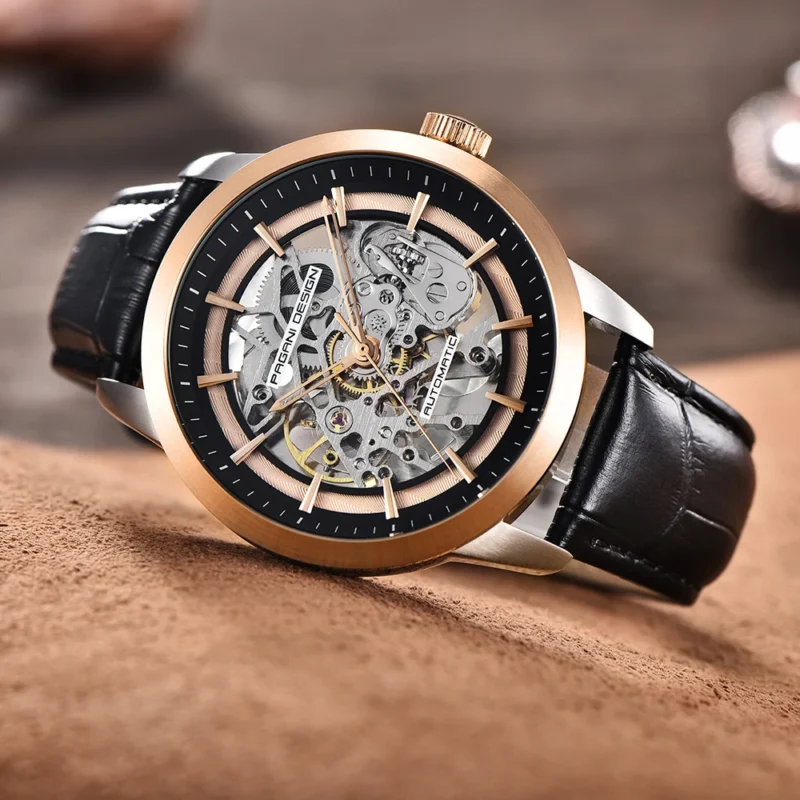 Luxury Skeleton Automatic Watch with Exhibition Dial and Leather Strap - Image 4