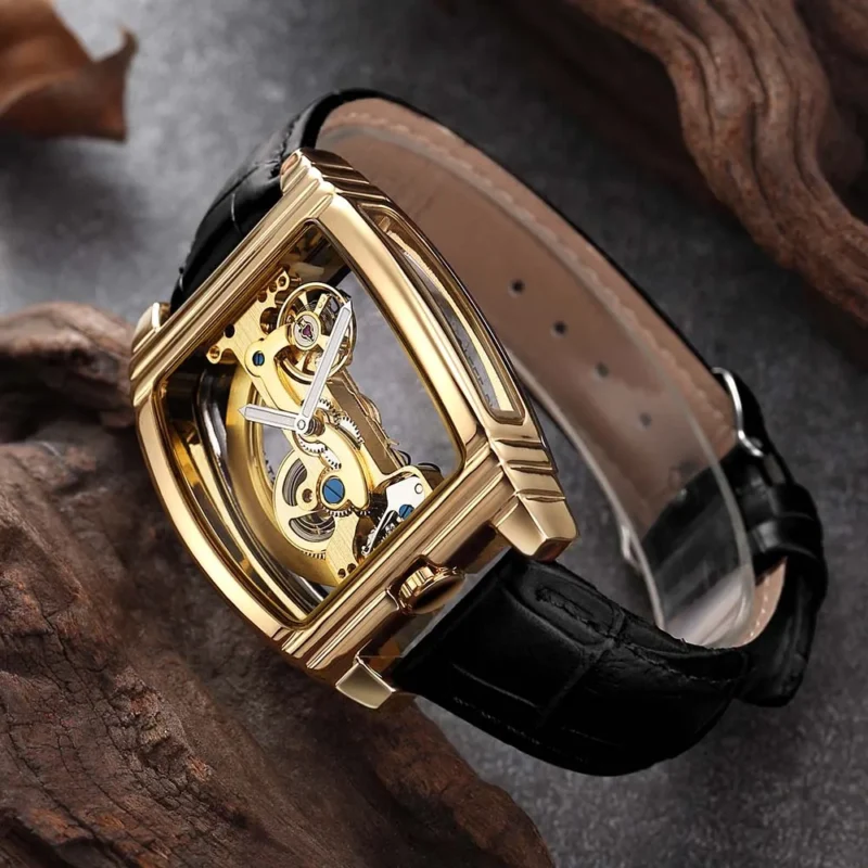 Luxury Skeleton Automatic Mechanical Watch with Leather Strap and Rectangular Case - Image 9