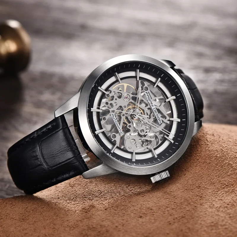 Luxury Skeleton Automatic Watch with Exhibition Dial and Leather Strap - Image 5