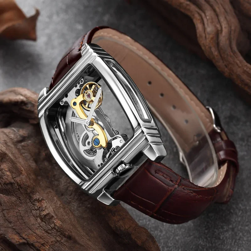 Luxury Skeleton Automatic Mechanical Watch with Leather Strap and Rectangular Case - Image 10