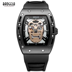 Rectangular Skeleton Dial Quartz Watch with Luminous Display and Black Silicone Band