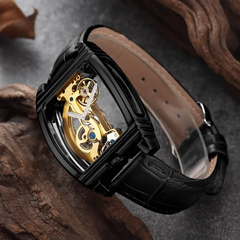 Luxury Skeleton Automatic Mechanical Watch with Leather Strap and Rectangular Case - Image 8