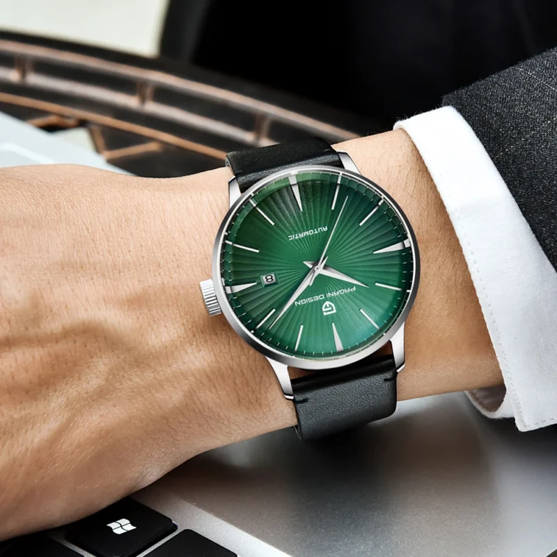 Classic Automatic Calendar Watch with Stainless Steel Case and Leather Band - Image 3