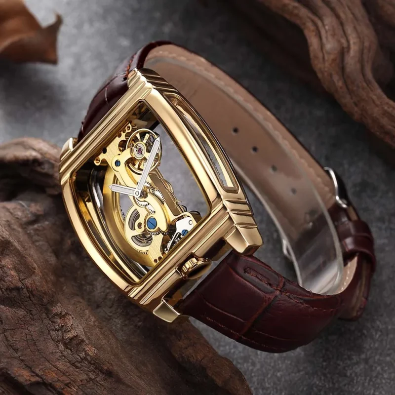 Luxury Skeleton Automatic Mechanical Watch with Leather Strap and Rectangular Case - Image 6