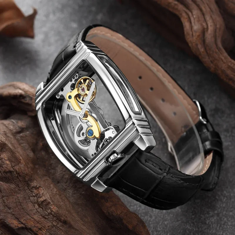 Luxury Skeleton Automatic Mechanical Watch with Leather Strap and Rectangular Case - Image 11