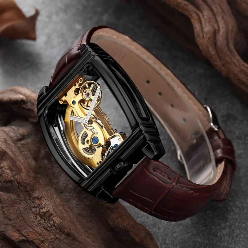 Luxury Skeleton Automatic Mechanical Watch with Leather Strap and Rectangular Case - Image 7