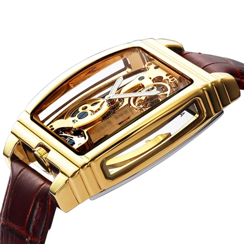 Luxury Skeleton Automatic Mechanical Watch with Leather Strap and Rectangular Case - Image 3