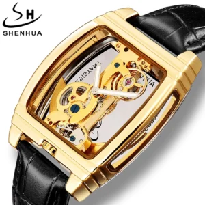 Luxury Skeleton Automatic Mechanical Watch with Leather Strap and Rectangular Case