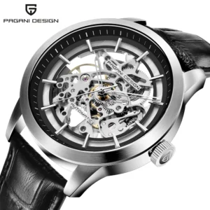 Luxury Skeleton Automatic Watch with Exhibition Dial and Leather Strap