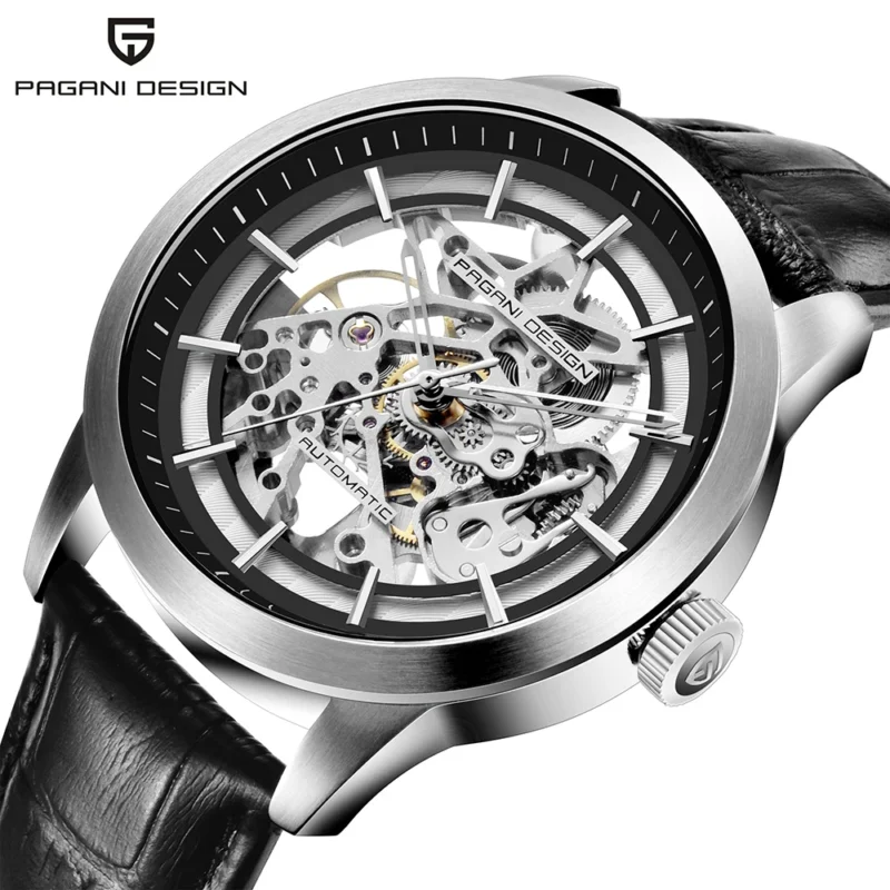 Luxury Skeleton Automatic Watch with Exhibition Dial and Leather Strap