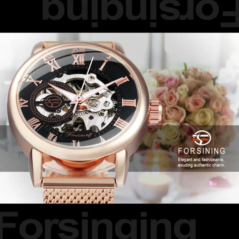 Ladies Skeleton Mechanical Watch with Rose Gold Case and Mesh Steel Bracelet - Image 2