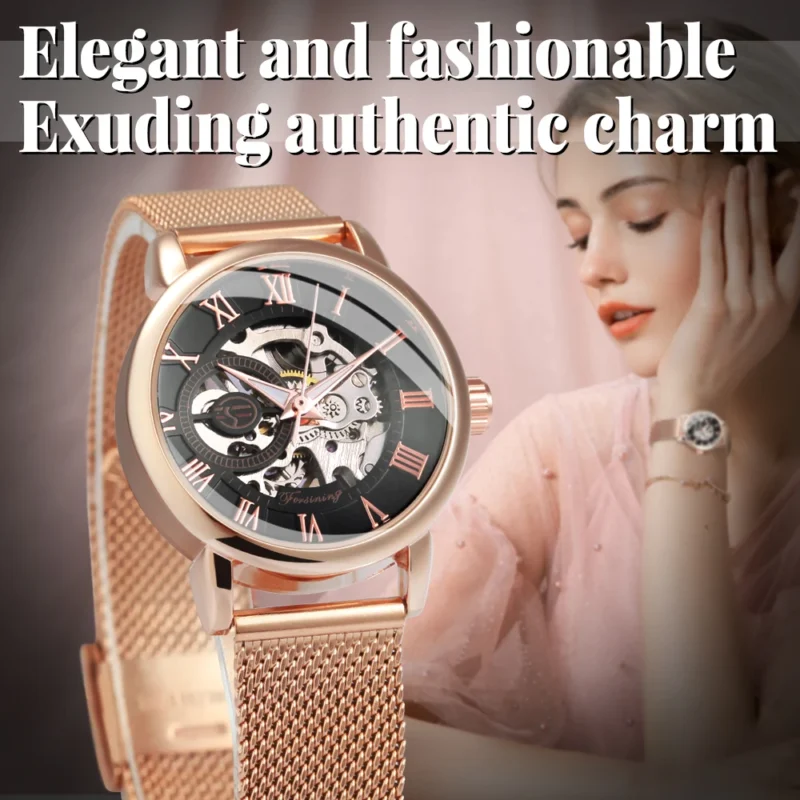 Ladies Skeleton Mechanical Watch with Rose Gold Case and Mesh Steel Bracelet - Image 3