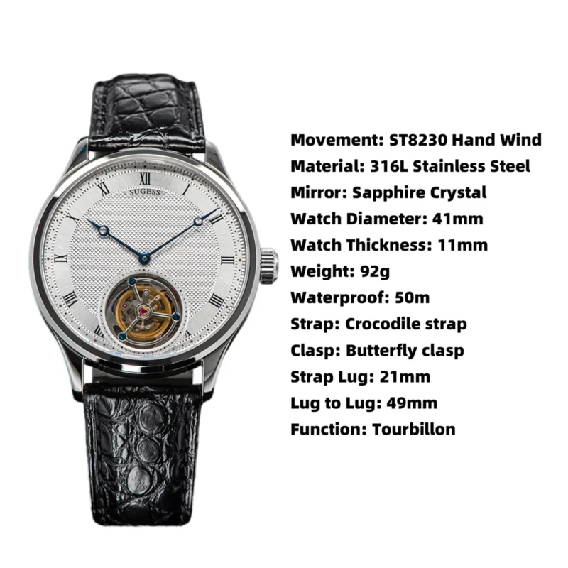 Luxury Tourbillon Skeleton Mechanical Watch with Sapphire Crystal and Crocodile Leather Strap - Image 6
