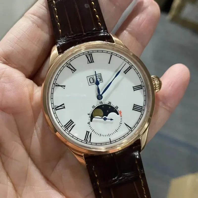 Luxury Automatic Moonphase Watch with Sapphire Crystal and Leather Strap - Image 7