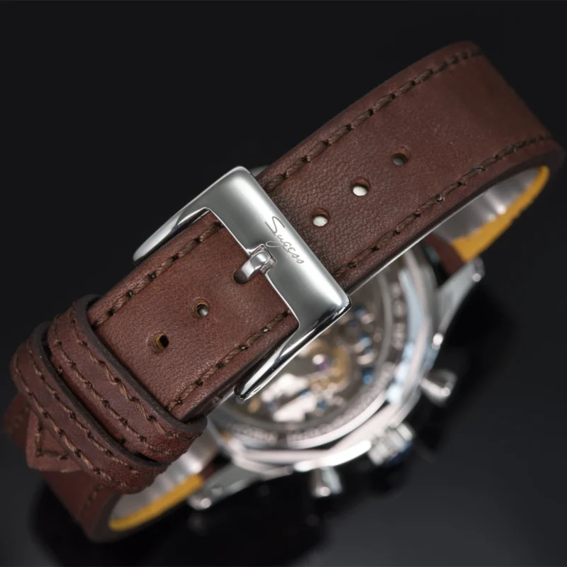 Vintage Pilot Chronograph Mechanical Watch with Sapphire Crystal and Leather Strap - Image 5