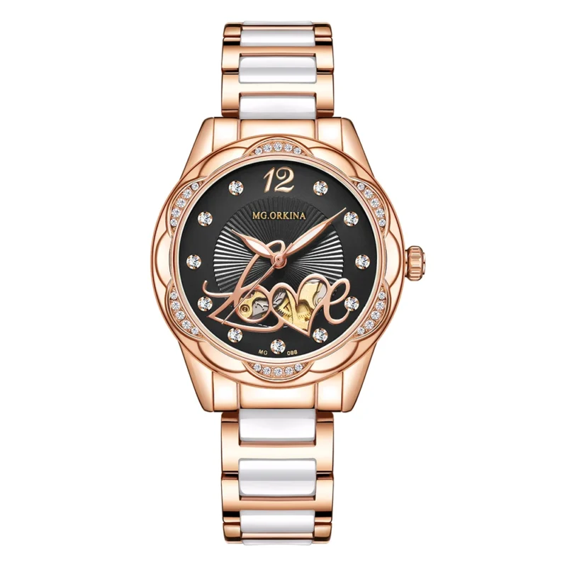 Women's Open Heart Automatic Watch with Ceramic Bracelet and Stainless Steel Case - Image 17