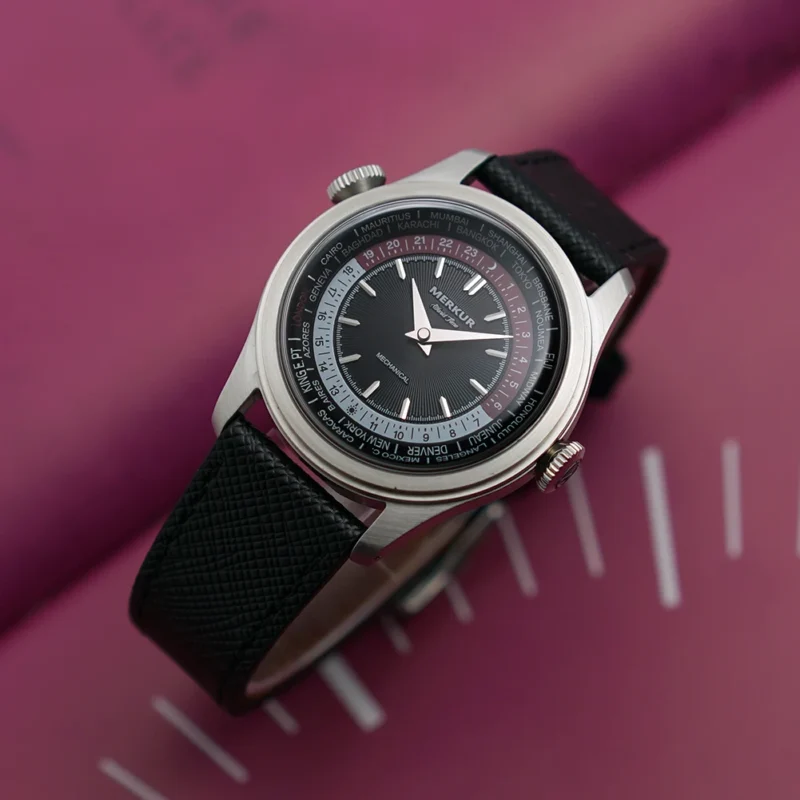 Vintage Dual Crown Calendar Week Manual Wind Watch with Leather Strap and 38mm Steel Case - Image 3