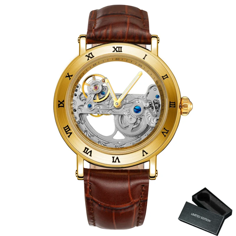 Luxury Skeleton Automatic Watch with Roman Numerals and Genuine Leather Strap - Image 8