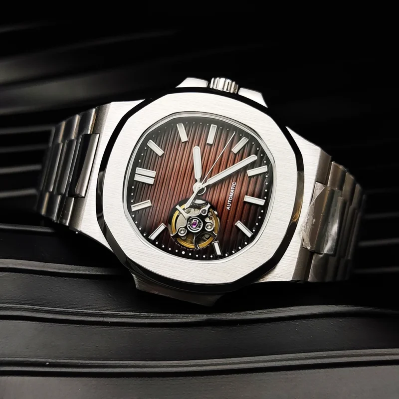 Luxury Square Automatic Watch with Sapphire Crystal and Luminous Coffee Dial - Image 4
