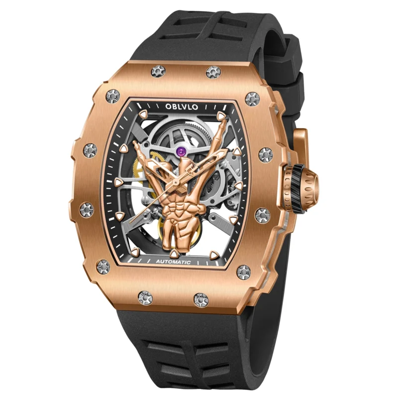 Skeleton Tonneau Automatic Watch with Black PVD Case and Rubber Strap - Image 7