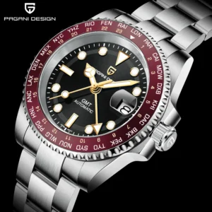 Professional GMT Automatic Watch with Sapphire Crystal and Stainless Steel Bracelet