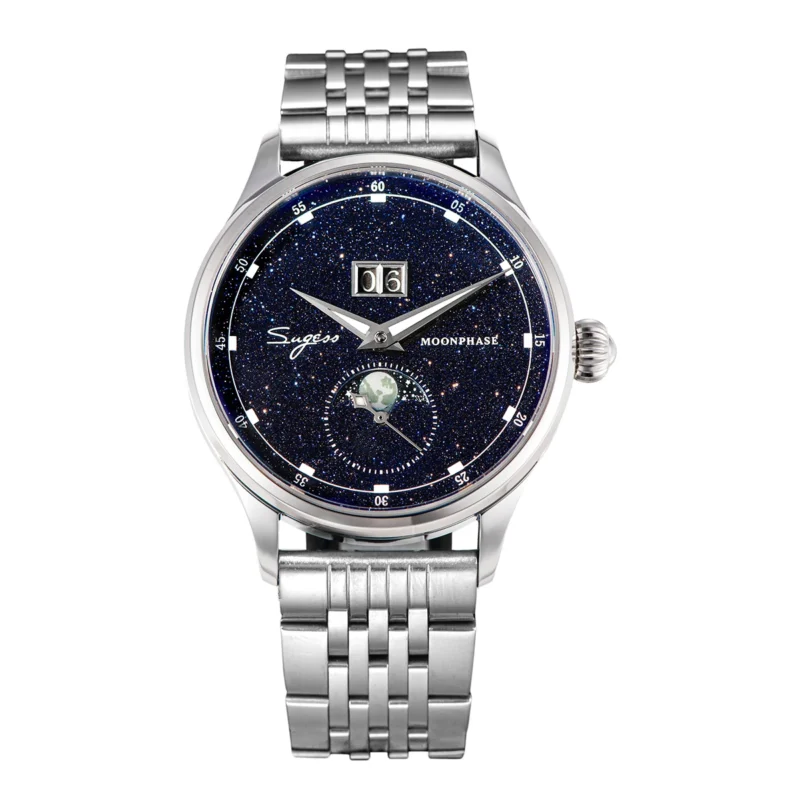 Luxury Moonphase Automatic Watch with Blue Sandstone Dial and Leather Strap - Image 9