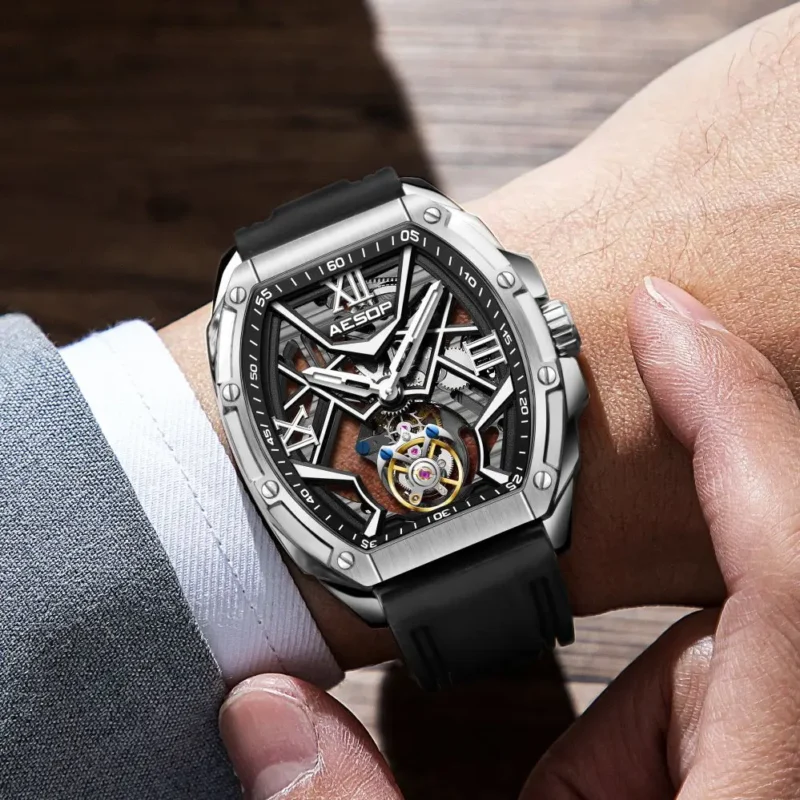 Luxury Skeleton Tourbillon Manual Wind Watch with Sapphire Crystal and Rubber Strap - Image 4