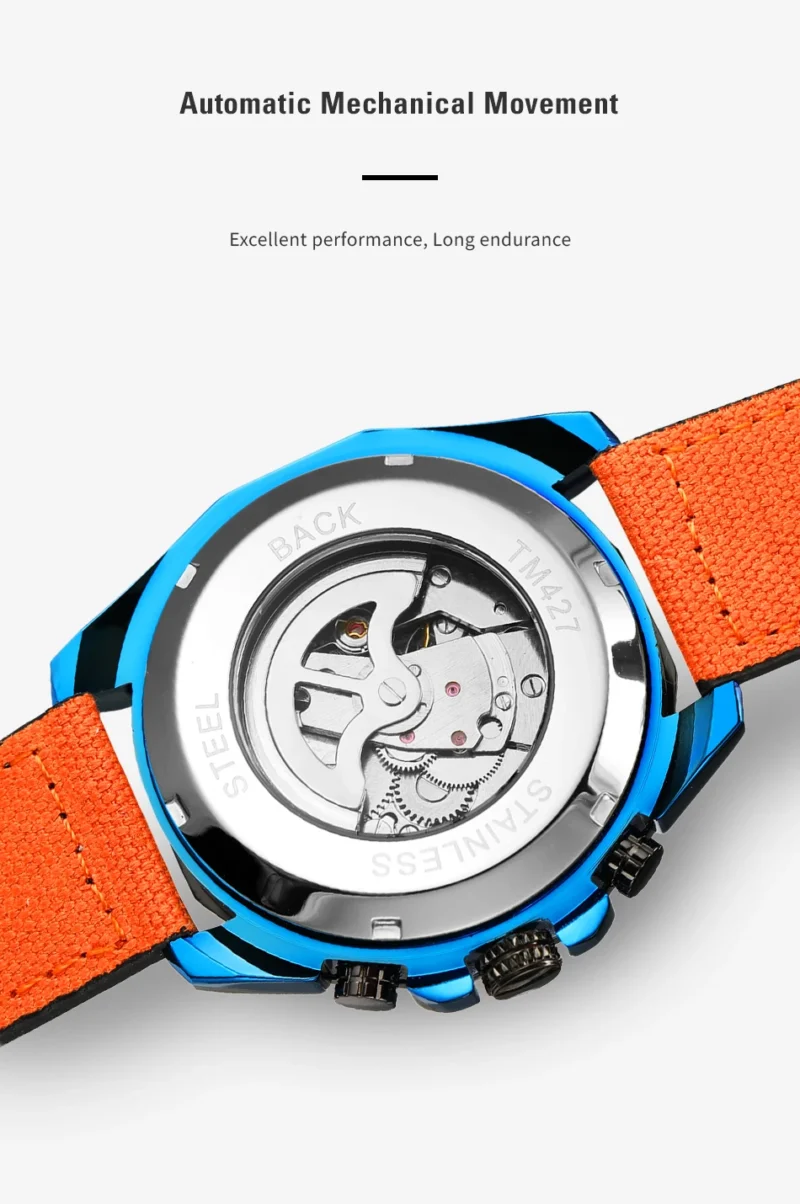 Skeleton Automatic Watch with Complete Calendar, Luminous Dial and Orange Leather Strap - Image 4