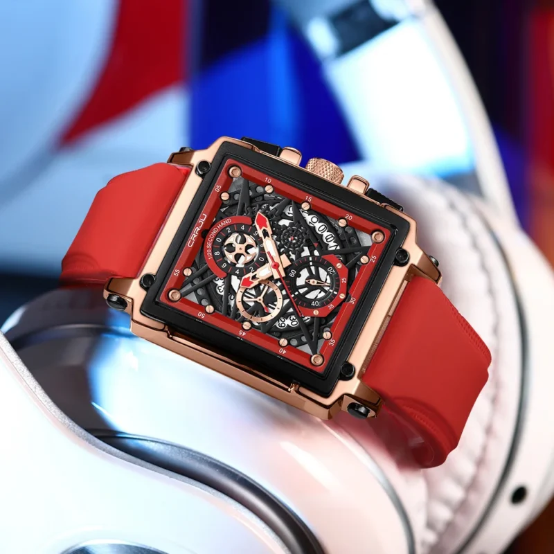 Square Chronograph Quartz Watch with Hollow Design and Silicone Strap - Image 5