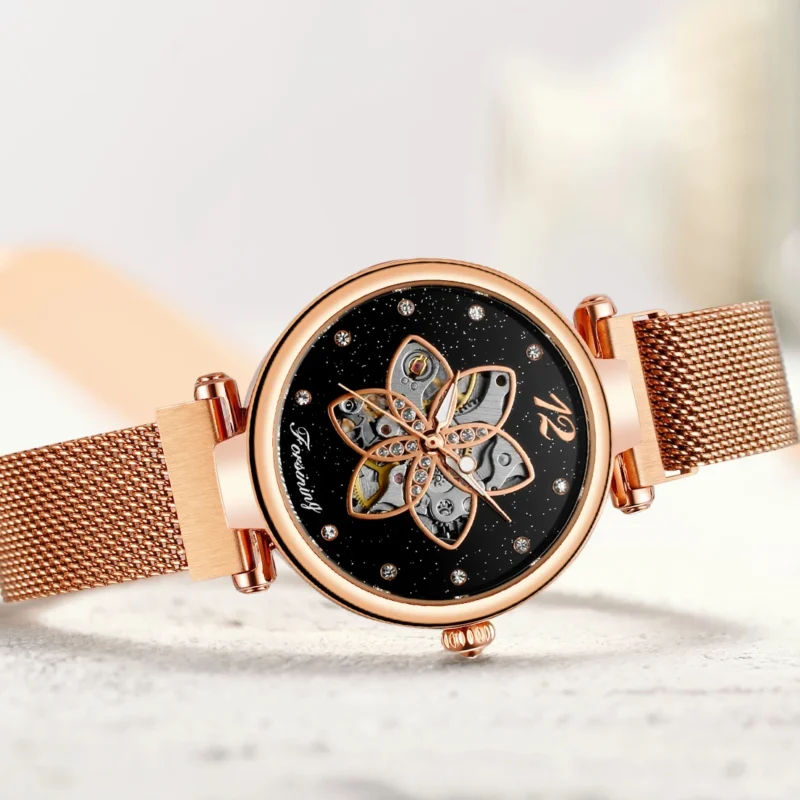 Starry Sky Open Heart Automatic Watch with Rose Gold Case and Stainless Steel Bracelet - Image 3