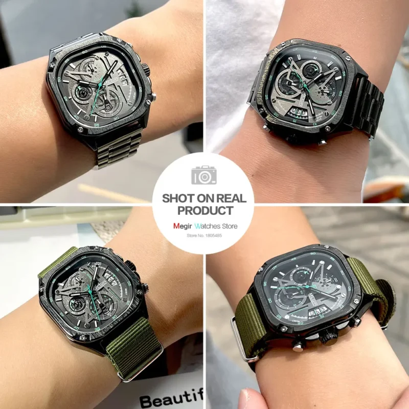 Square Chronograph Quartz Watch with Stainless Steel Bracelet and Luminous Hands - Image 4