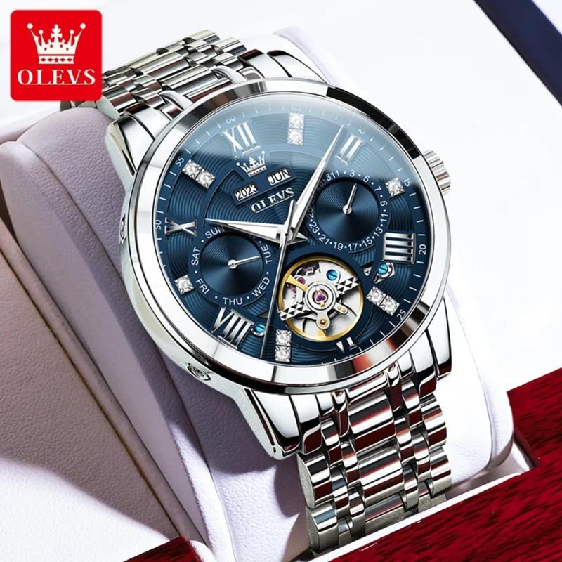 Skeleton Automatic Watch with Dual Calendar Display Luminous Dial Stainless Steel Self-Wind Timepiece - Image 2