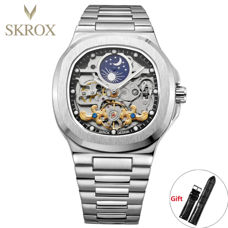 Square Skeleton Automatic Moon Phase Watch with Sapphire Crystal and Stainless Steel Bracelet - Image 9