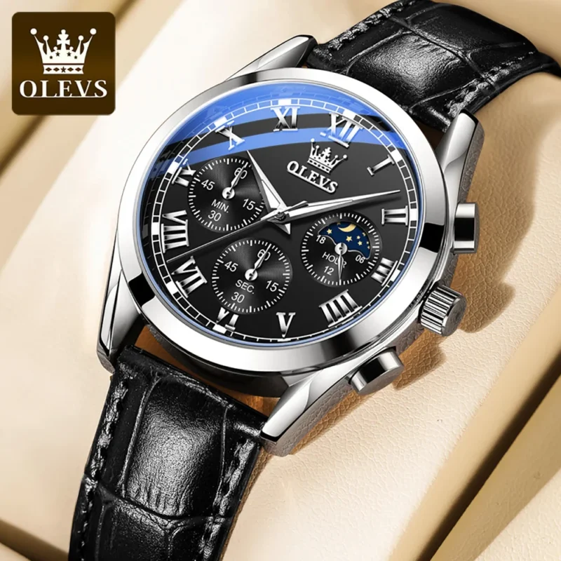 Elegant Moon Phase Quartz Watch with Leather Strap and Luminous Display - Image 9
