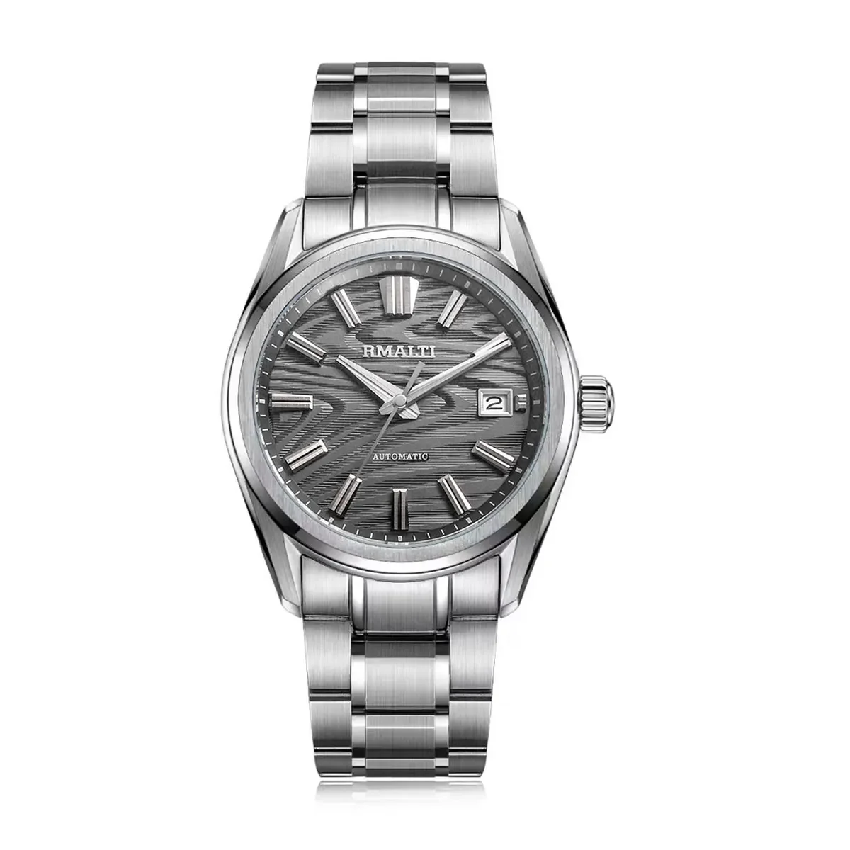 White dress watch with stainless steel bracelet showcasing premium materials