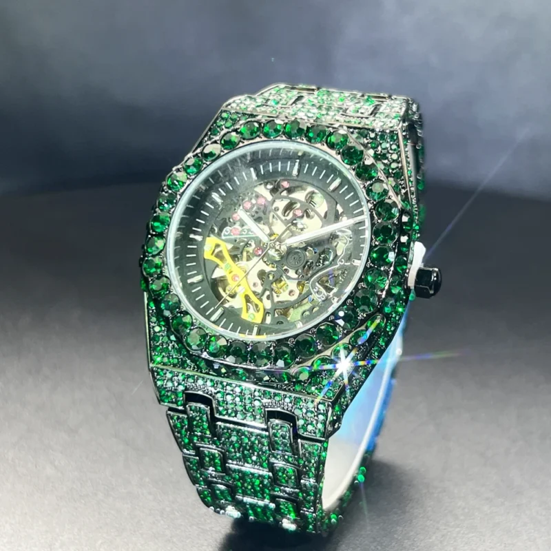 Luxury Skeleton Tourbillon Automatic Watch with Diamond Accents and Green Dial - Image 6