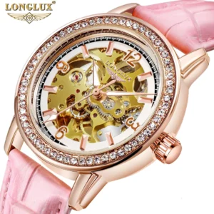 Ladies Automatic Open Heart Watch with 50m Water Resistance and Leather Strap